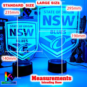 NSW Blues logo 3D acrylic light with 16-colour remote, ideal NRL gift for bedroom or bar.measurement chart 
