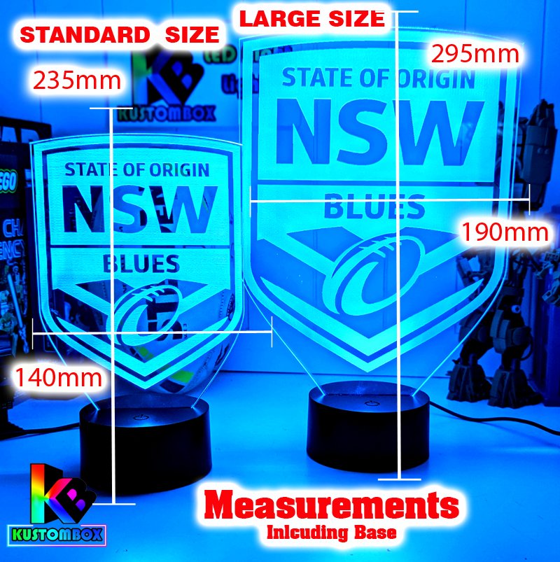 NSW Blues logo 3D acrylic light with 16-colour remote, ideal NRL gift for bedroom or bar.measurement chart 