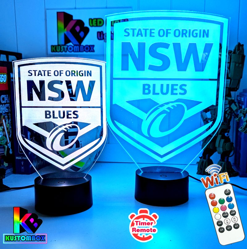 NSW Blues logo LED night light with engraved name option and remote colour control. Size chart small and large