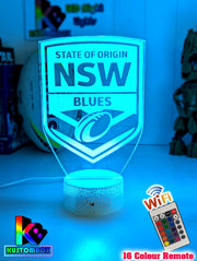 Custom NSW Blues LED lamp with 7-colour glow, perfect NRL-themed gift. white crackle blue colour