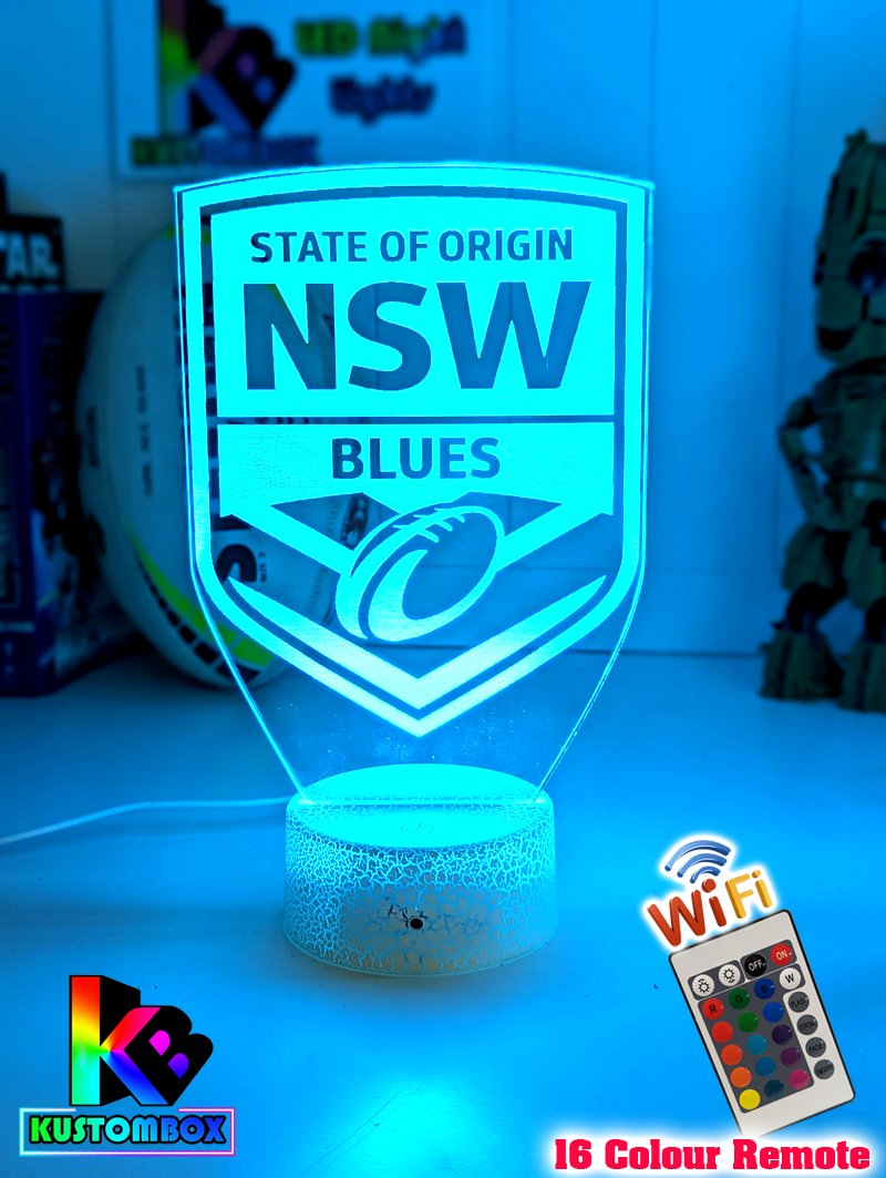 Custom NSW Blues LED lamp with 7-colour glow, perfect NRL-themed gift. white crackle blue colour