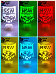 NSW Blues custom 3D LED lamp with name engraving and colour-changing effects, white crackle base colour choices 
