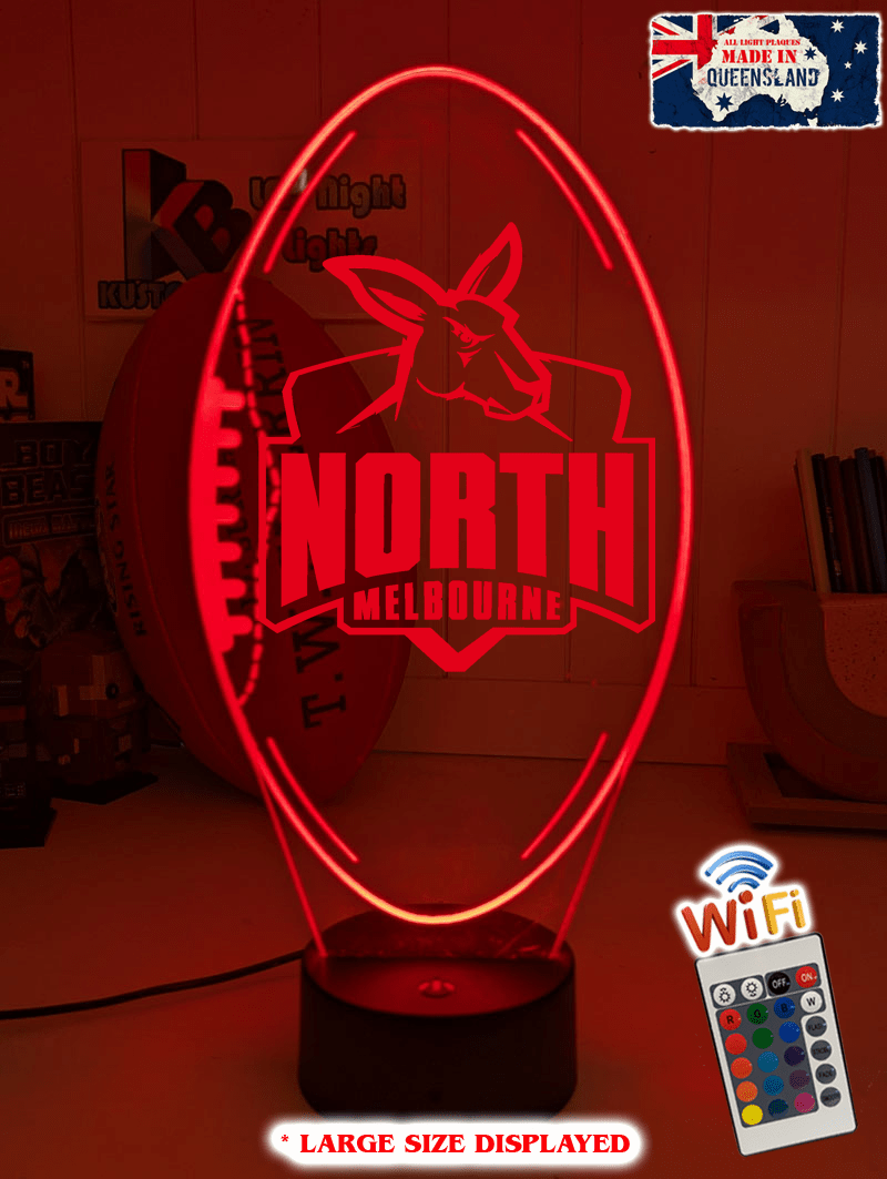 North Melbourne Kangaroos 3D LED lamp with custom name and 16-colour glow.
