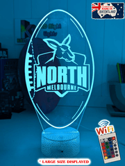 North Melbourne Kangaroos 3D LED lamp with 16-colour remote control – adjustable brightness and fade.