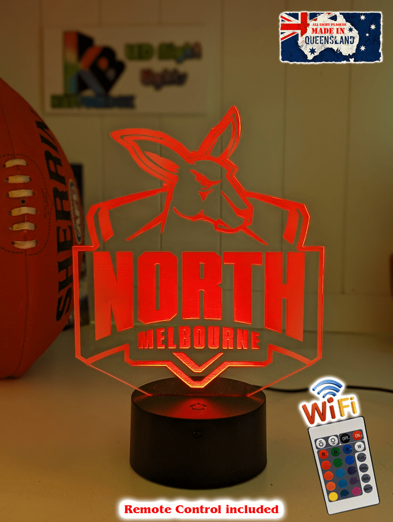 Nth Melbourne Kangaroos 3D LED night light glowing softly in a child’s bedroom with remote control.