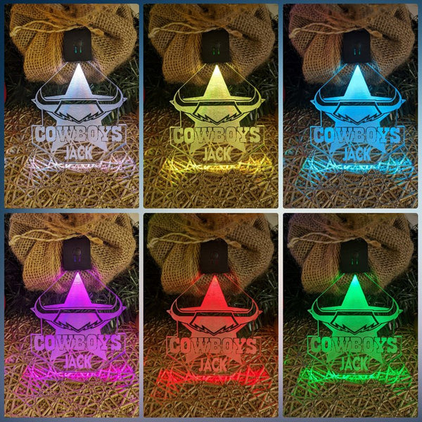 Nth QLD Cowboys Football North Queensland Cowboys LED acrylic bauble glowing in 7 colours with logo engraving,  different colours in collage 