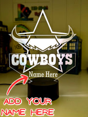 Custom North Queensland Cowboys LED lamp with engraved name, multi-colour lighting for rugby league fans