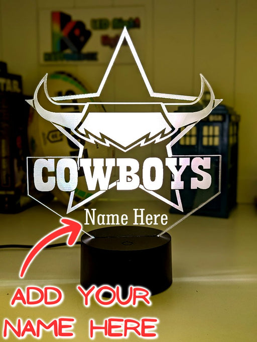 Custom North Queensland Cowboys LED lamp with engraved name, multi-colour lighting for rugby league fans