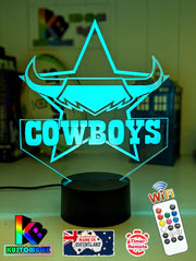 Personalised North Queensland Cowboys LED night light featuring team logo outline and custom engraving