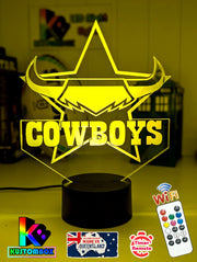 Personalised North Queensland Cowboys 3D LED night light glowing in 7 colours, perfect for kids or man caves, yellow colour