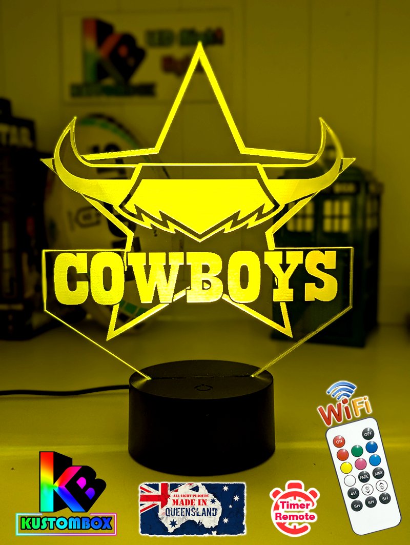 Personalised North Queensland Cowboys 3D LED night light glowing in 7 colours, perfect for kids or man caves, yellow colour