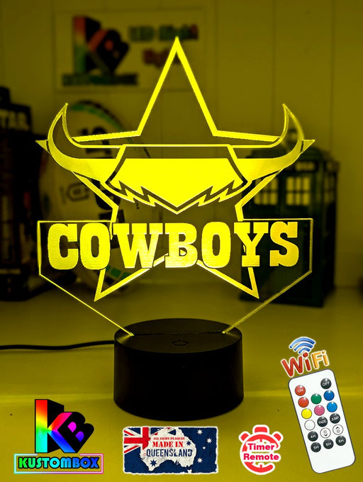 Personalised North Queensland Cowboys 3D LED night light glowing in 7 colours, perfect for kids or man caves, yellow colour