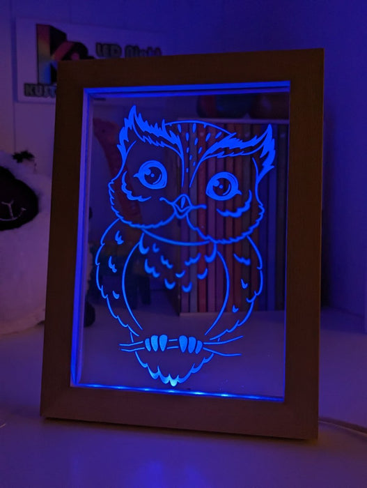 Owl on Tree Branch - Personalised Name Timber Frame USB 3D LED Night Light Lamp - KustomboxNight Lights & Ambient LightingKustomboxTimber Frame Light - $34.99