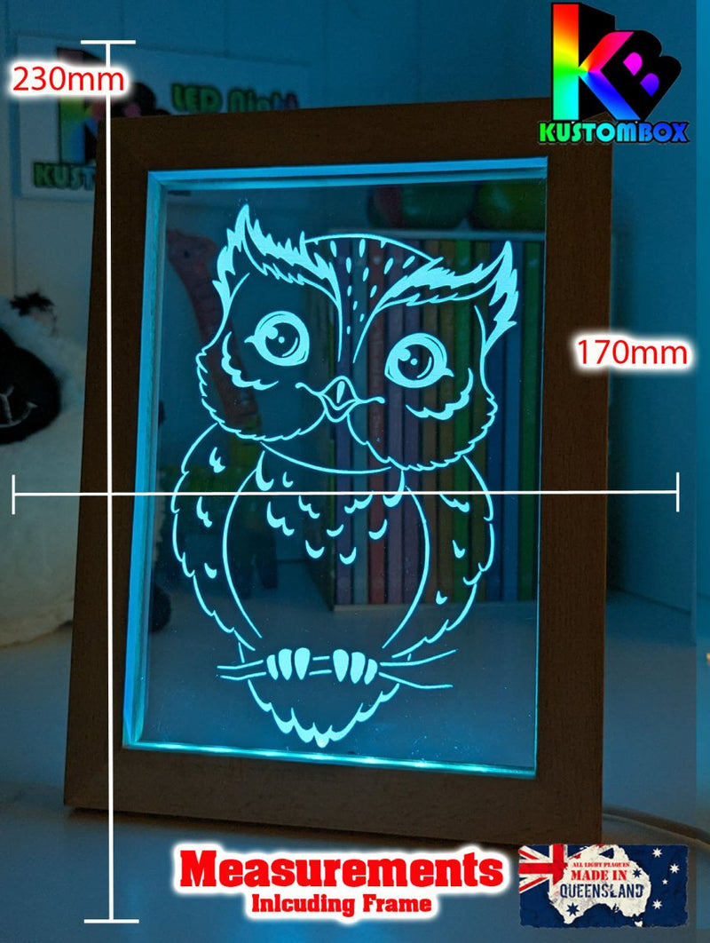 Owl on Tree Branch - Personalised Name Timber Frame USB 3D LED Night Light Lamp - KustomboxNight Lights & Ambient LightingKustomboxTimber Frame Light - $34.99