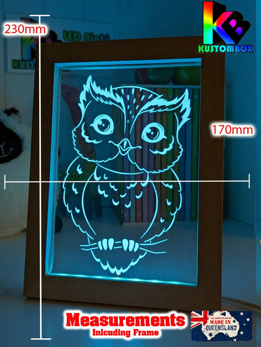 Owl on Tree Branch - Personalised Name Timber Frame USB 3D LED Night Light Lamp - KustomboxNight Lights & Ambient LightingKustomboxTimber Frame Light - $34.99
