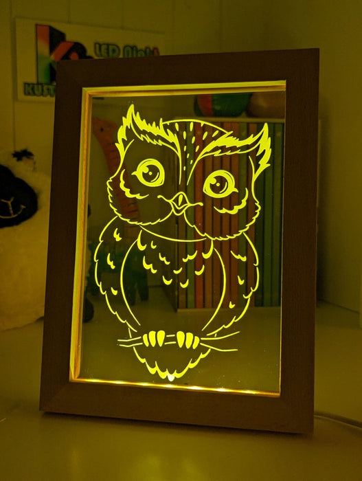 Owl on Tree Branch - Personalised Name Timber Frame USB 3D LED Night Light Lamp - KustomboxNight Lights & Ambient LightingKustomboxTimber Frame Light - $34.99