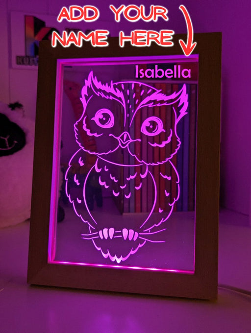 Owl on Tree Branch - Personalised Name Timber Frame USB 3D LED Night Light Lamp - KustomboxNight Lights & Ambient LightingKustomboxTimber Frame Light - $34.99