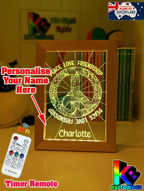 Peace Love Friendship Personalised Name Timber Frame USB 3D LED Night Light Lamp - KustomboxNight Lights & Ambient LightingKustomboxTimber Frame Light - $34.99