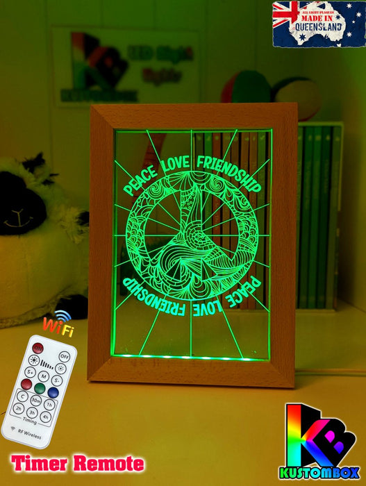 Peace Love Friendship Personalised Name Timber Frame USB 3D LED Night Light Lamp - KustomboxNight Lights & Ambient LightingKustomboxTimber Frame Light - $34.99