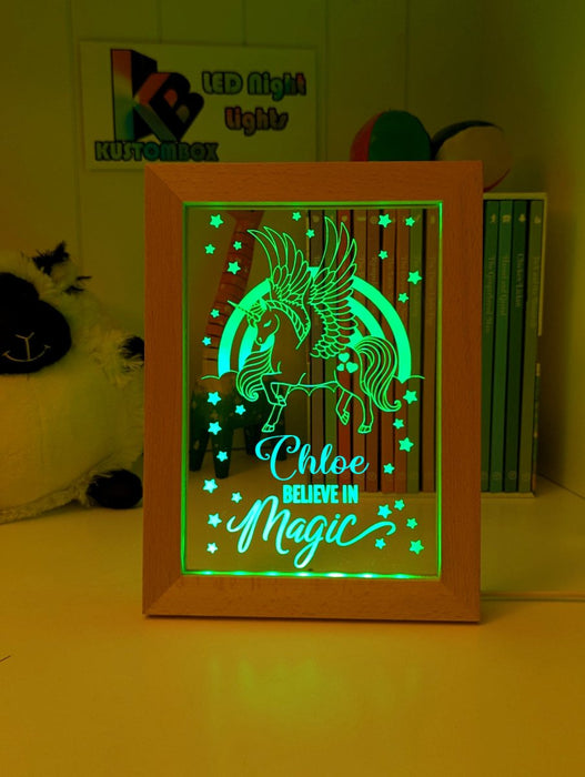 Pegasus Unicorn Pony Personalised Name Timber Frame USB 3D LED Night Light Lamp - KustomboxNight Lights & Ambient LightingKustomboxTimber Frame Light - $34.99