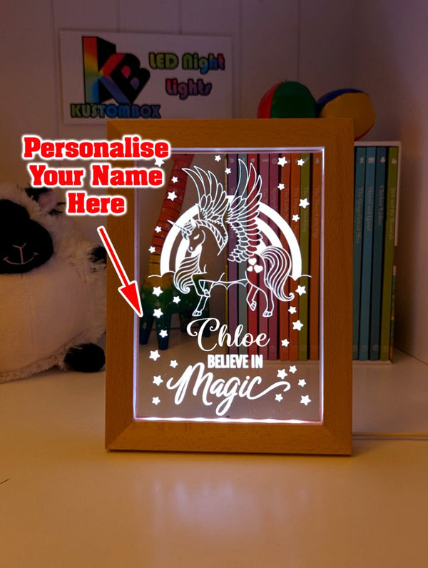 Pegasus Unicorn Pony Personalised Name Timber Frame USB 3D LED Night Light Lamp - KustomboxNight Lights & Ambient LightingKustomboxTimber Frame Light - $34.99