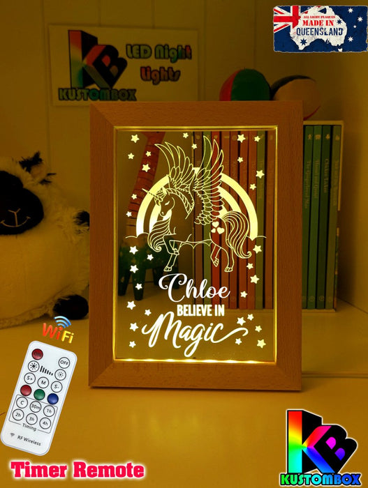 Pegasus Unicorn Pony Personalised Name Timber Frame USB 3D LED Night Light Lamp - KustomboxNight Lights & Ambient LightingKustomboxTimber Frame Light - $34.99