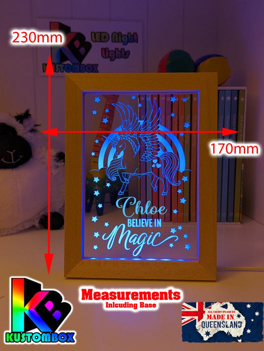 Pegasus Unicorn Pony Personalised Name Timber Frame USB 3D LED Night Light Lamp - KustomboxNight Lights & Ambient LightingKustomboxTimber Frame Light - $34.99