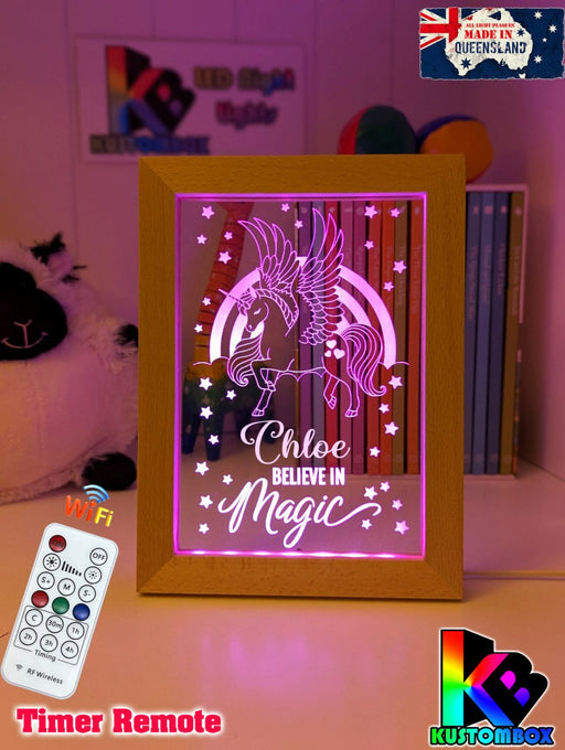 Pegasus Unicorn Pony Personalised Name Timber Frame USB 3D LED Night Light Lamp - KustomboxNight Lights & Ambient LightingKustomboxTimber Frame Light - $34.99