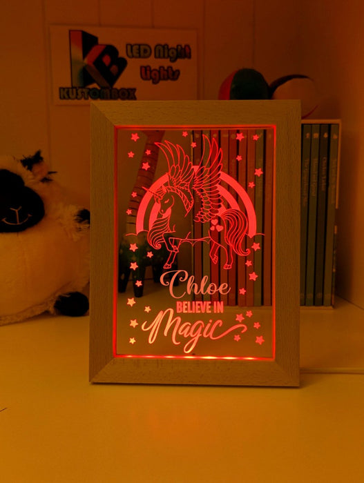 Pegasus Unicorn Pony Personalised Name Timber Frame USB 3D LED Night Light Lamp - KustomboxNight Lights & Ambient LightingKustomboxTimber Frame Light - $34.99