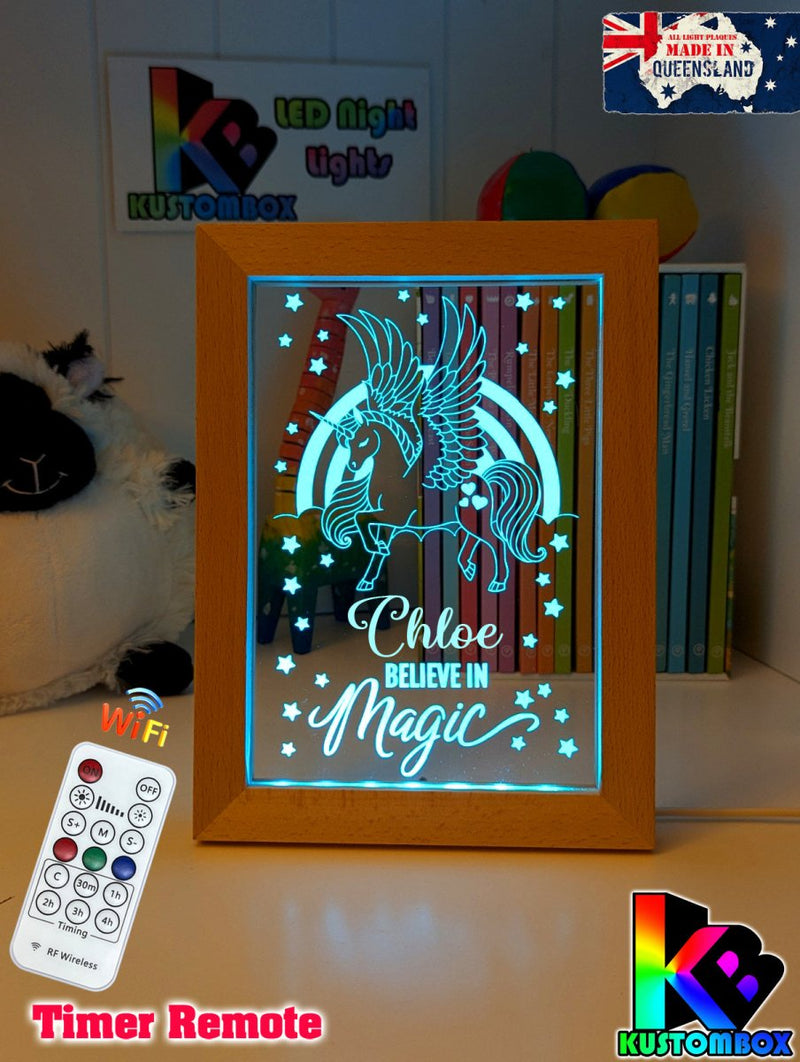 Pegasus Unicorn Pony Personalised Name Timber Frame USB 3D LED Night Light Lamp - KustomboxNight Lights & Ambient LightingKustomboxTimber Frame Light - $34.99