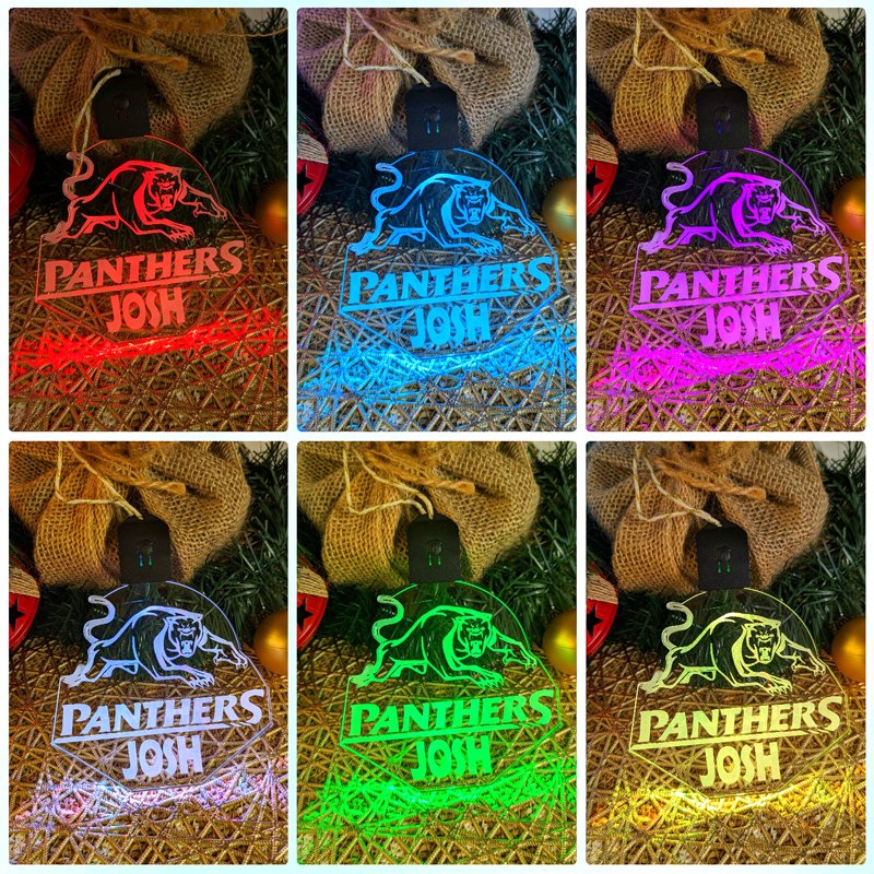 Personalised Penrith Panthers LED acrylic bauble glowing in multiple colours with team logo, colour choice collage 