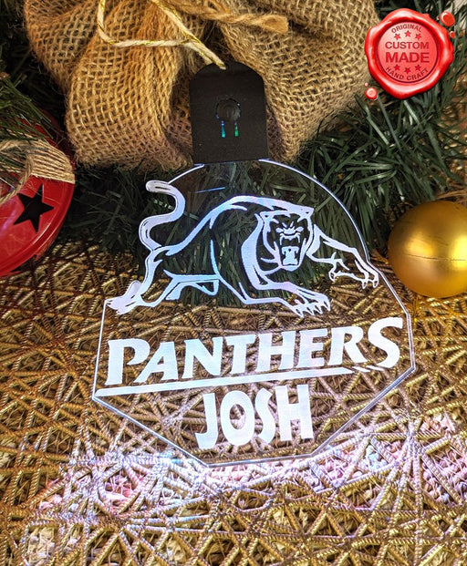 Penrith Panthers 7-colour rechargeable LED acrylic light bauble with custom name engraving, custom name christmas decoration 