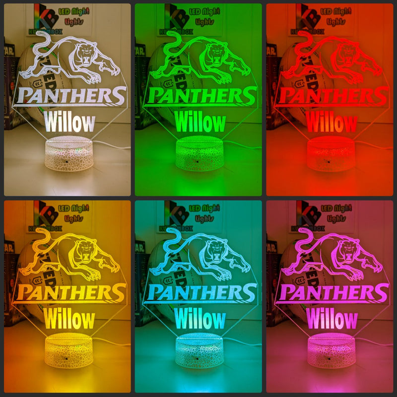 Custom Penrith Panthers LED lamp with 7-colour glow, perfect NRL-themed gift, white crackle colour collage choice