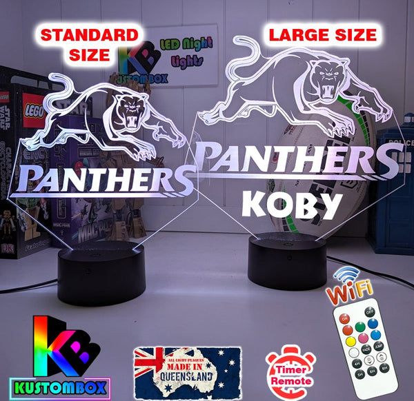 Penrith Panthers 3D LED logo light, engraved with name or number, showing vivid colour options,  small and large size choices 