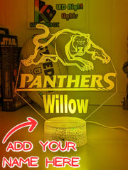 Penrith Panthers custom 3D LED lamp with name engraving and colour-changing effects, white crackle base choice