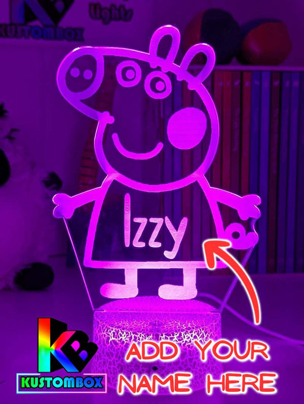 Peppa the Pig Personalised Name - 3D LED Night Light 7 Colours + Remote Control - KustomboxNight Lights & Ambient LightingKustomboxStandard