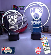 personalised Brooklyn Nets 3D LED night light glowing in 7 colours, perfect for fans or kids’ rooms
