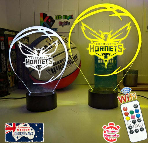 personalised Charlotte Hornets 3D LED night light glowing in 7 colours, perfect for fans or kids’ rooms