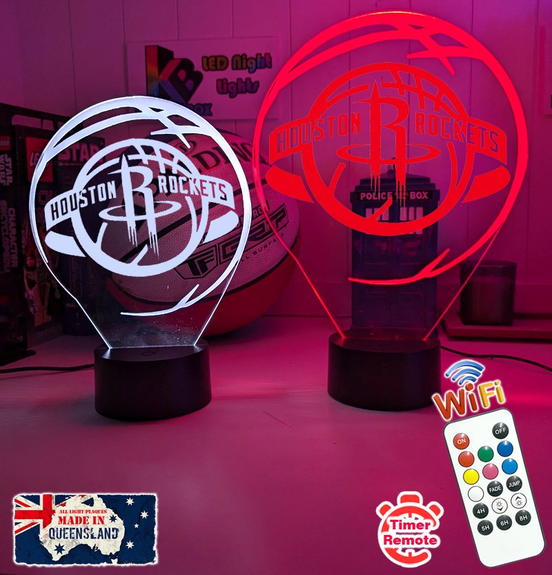 personalised Houston Rockets 3D LED night light glowing in 7 colours, perfect for fans or kids’ rooms