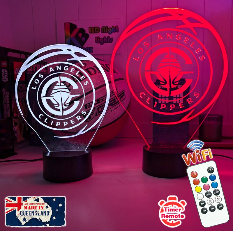 personalised Los Angeles Clippers 3D LED night light glowing in 7 colours, perfect for fans or kids’ rooms