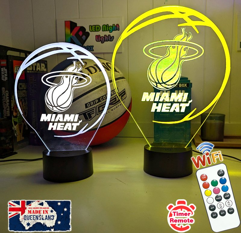 Personalised Miami Heat 3D LED night light glowing in 7 colours, perfect for fans or kids’ rooms