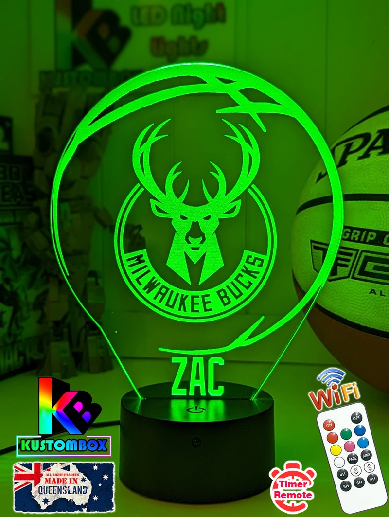 Personalised Milwaukee Bucks 3D LED night light glowing in 7 colours, perfect for fans or kids’ rooms