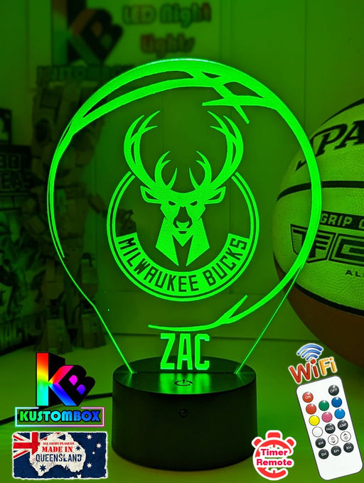 Personalised Milwaukee Bucks 3D LED night light glowing in 7 colours, perfect for fans or kids’ rooms