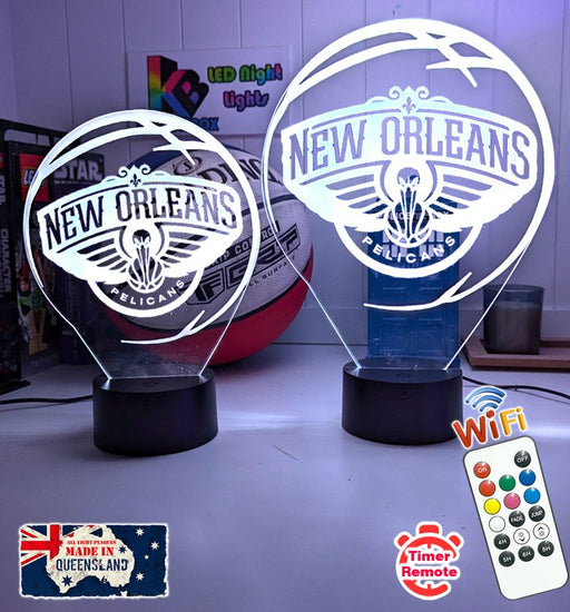 personalised New Orleans Pelicans 3D LED night light glowing in 7 colours, perfect for fans or kids’ rooms