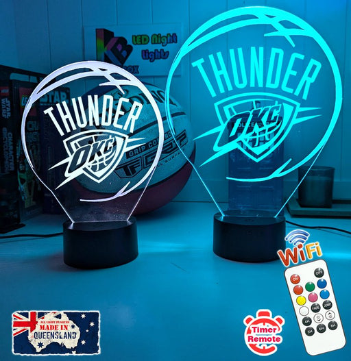 personalised Oklahoma City Thunder 3D LED night light glowing in 7 colours, perfect for fans or kids’ rooms