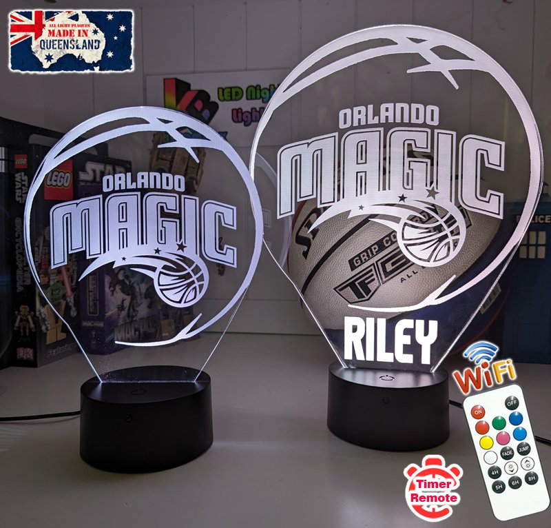 personalised Orlando Magic 3D LED night light glowing in 7 colours, perfect for fans or kids’ rooms