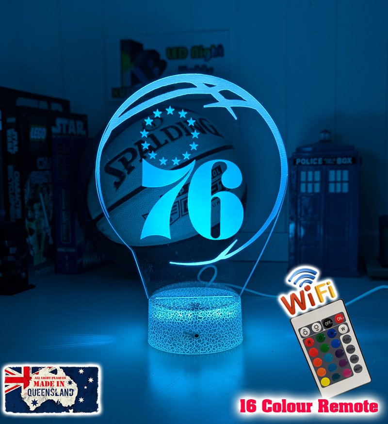 Personalised Philadelphia 76ers3D LED night light glowing in 7 colours, perfect for fans or kids’ rooms