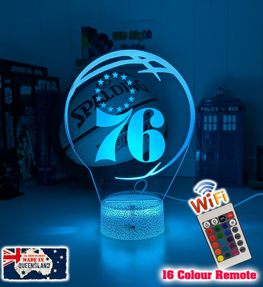 Personalised Philadelphia 76ers3D LED night light glowing in 7 colours, perfect for fans or kids’ rooms