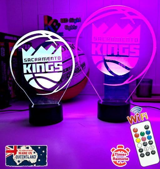 personalised Sacramento Kings 3D LED night light glowing in 7 colours, perfect for fans or kids’ rooms