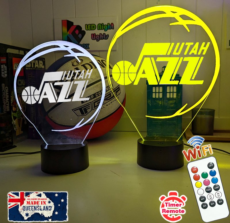 personalised Utah Jazz 3D LED night light glowing in 7 colours, perfect for fans or kids’ rooms